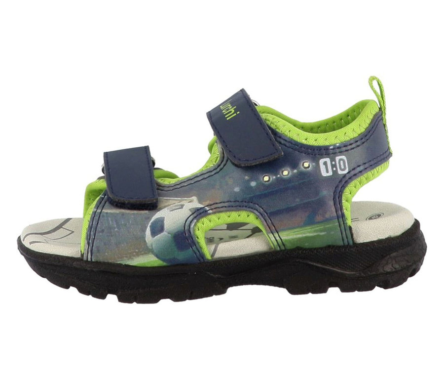 Sandales pour garçon « Keeper » de LURCHI, bleu marine et vert citron, avec motif de football et fermetures auto-agrippantes.