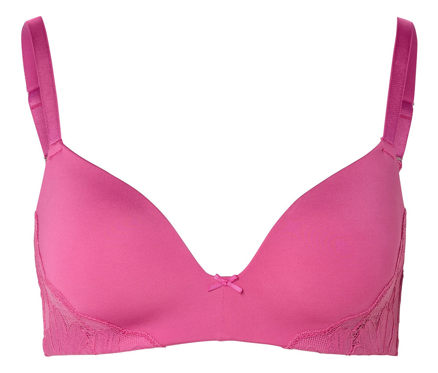 Un soutien-gorge rose avec de la dentelle sur les côtés et un petit nœud au centre.