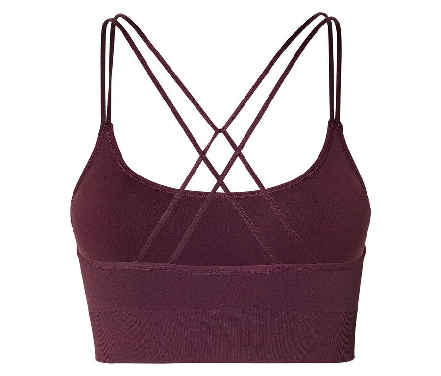 Soutien-gorge de sport bordeaux avec de fines bretelles croisées dans le dos.