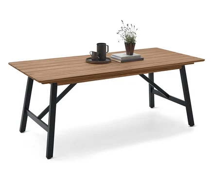 Sur une table en bois avec des pieds noirs, il y a une tasse, une soucoupe, un livre et une plante.