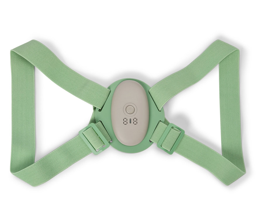 Correcteur de posture vert avec bretelles réglables et affichage numérique sur fond blanc.