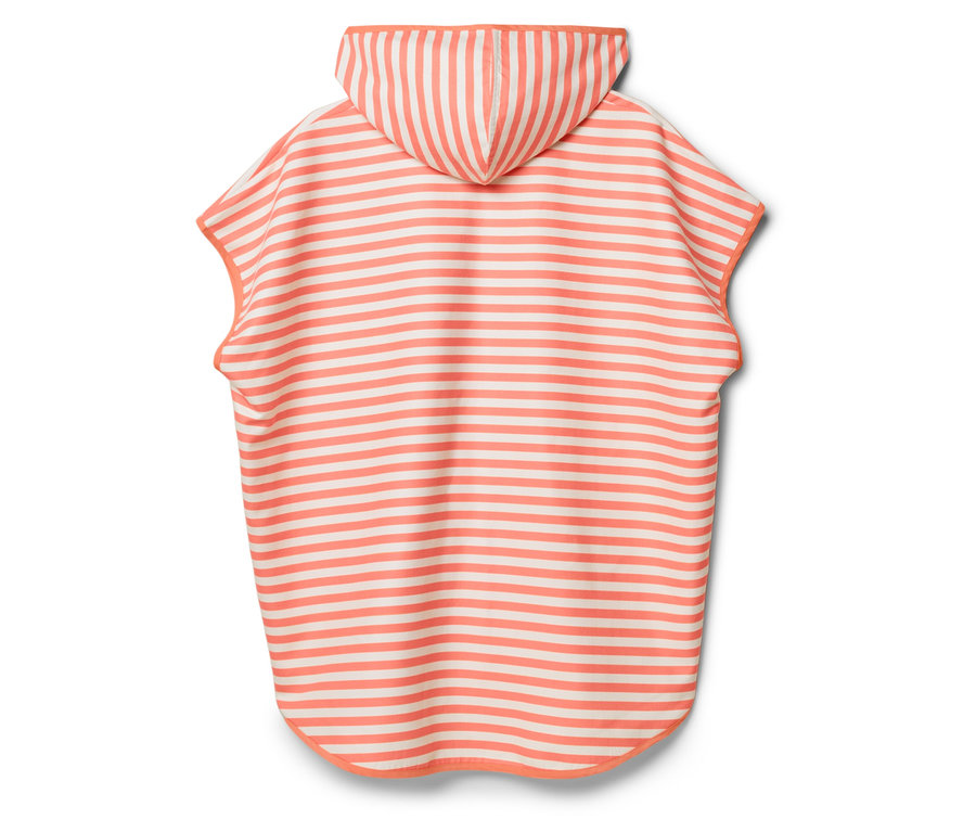 Poncho de serviette à capuche rayé orange et blanc vu de dos.