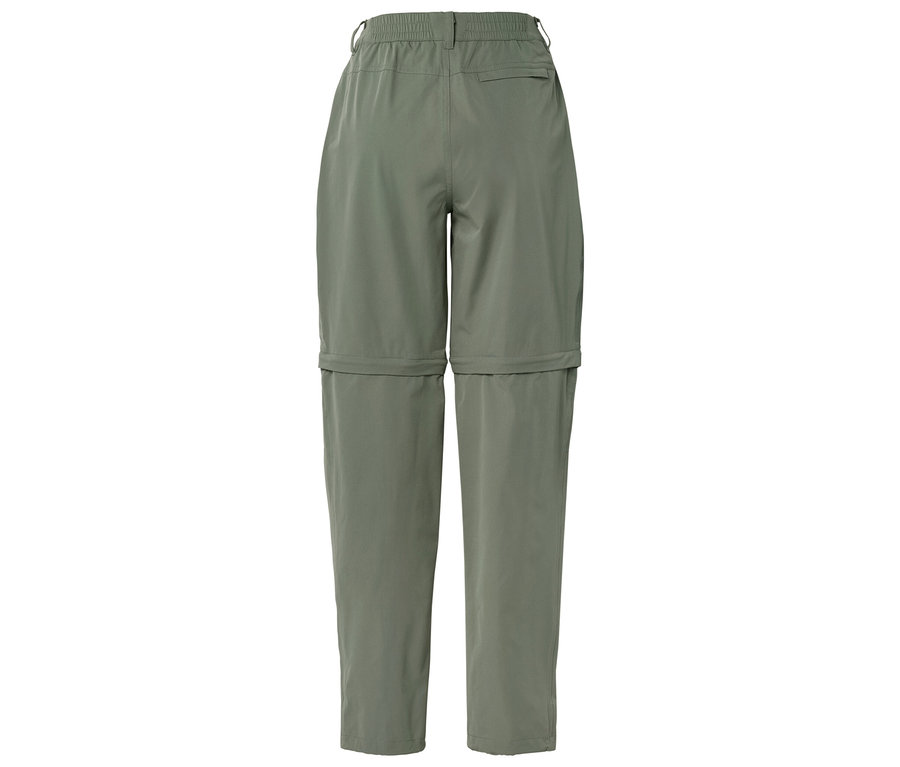 Pantalon long vert olive avec fermetures éclair aux genoux, photographié de dos.