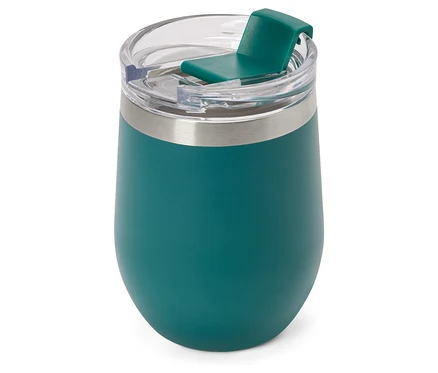 Un gobelet dodu turquoise avec une bande argentée et un couvercle transparent avec un curseur vert.