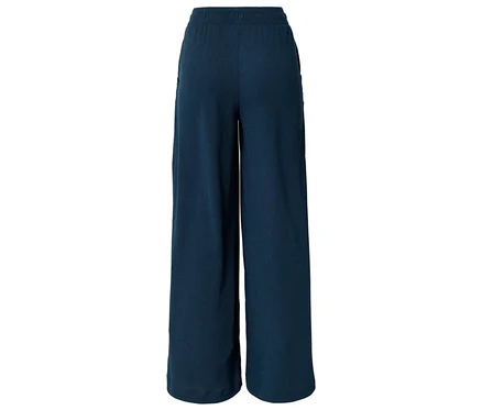 Pantalon large en tissu bleu marine avec taille élastique et poches, photographié de dos.