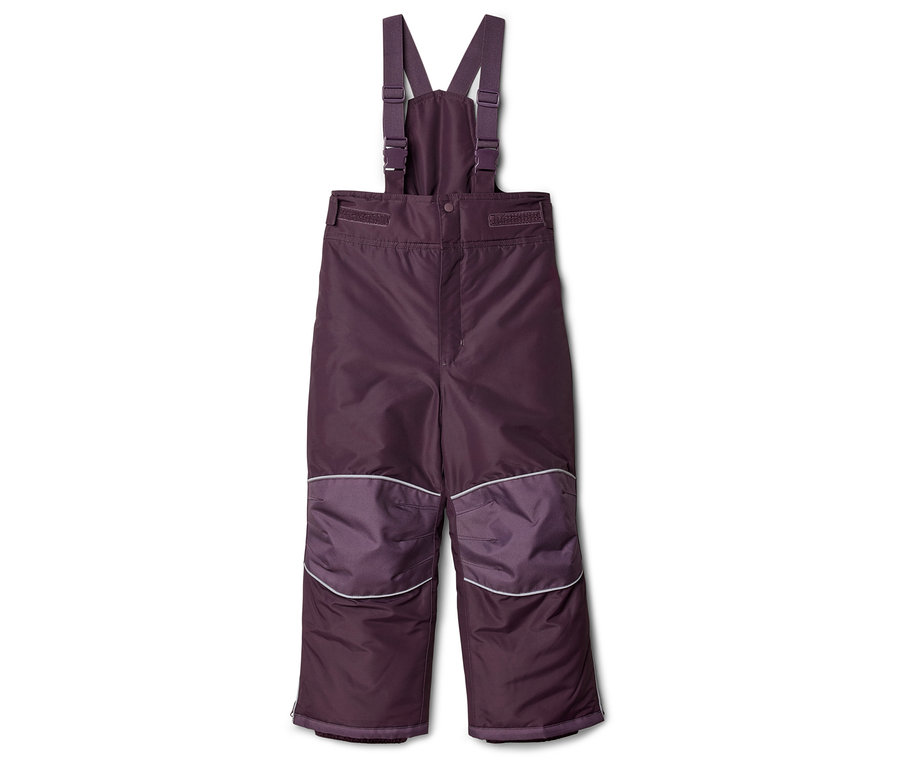Pantalon de ski violet à bretelles avec genoux renforcés, détouré.