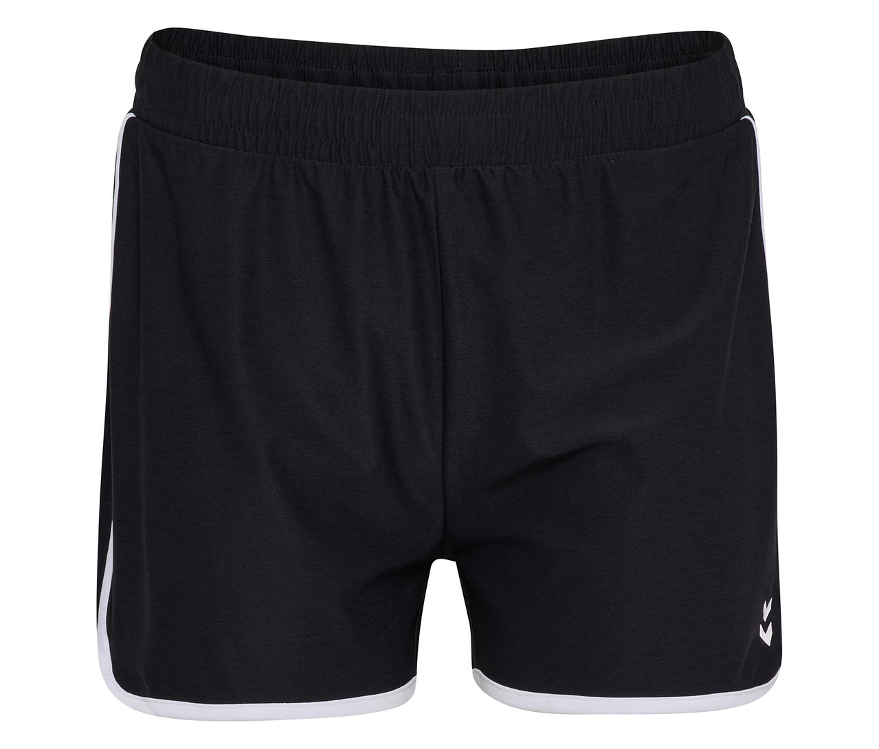 Short HUMMEL pour femme noir avec taille élastique et bandes blanches sur les côtés et l'ourlet.