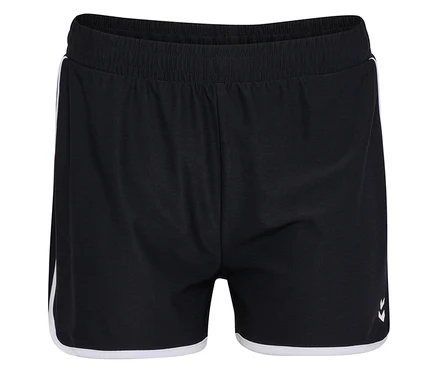 Short HUMMEL pour femme noir avec taille élastique et bandes blanches sur les côtés et l'ourlet.
