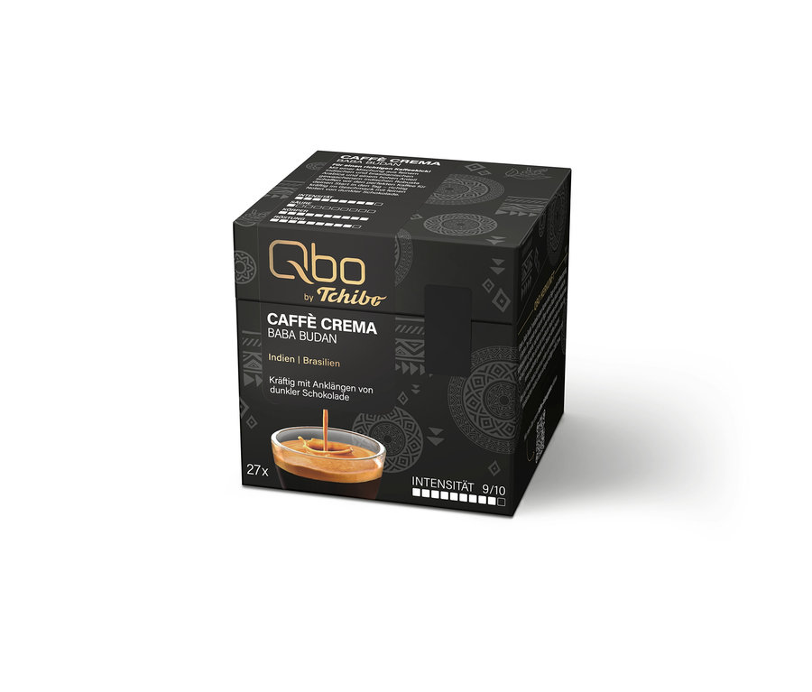 Paquet noir de capsules de café Qbo by Tchibo Caffè Crema Baba Budan avec 27 capsules, intensité 9/10, notes de chocolat et une image de café.