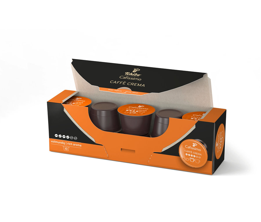 Paquet ouvert de capsules de café Cafissimo Caffè Crema.
