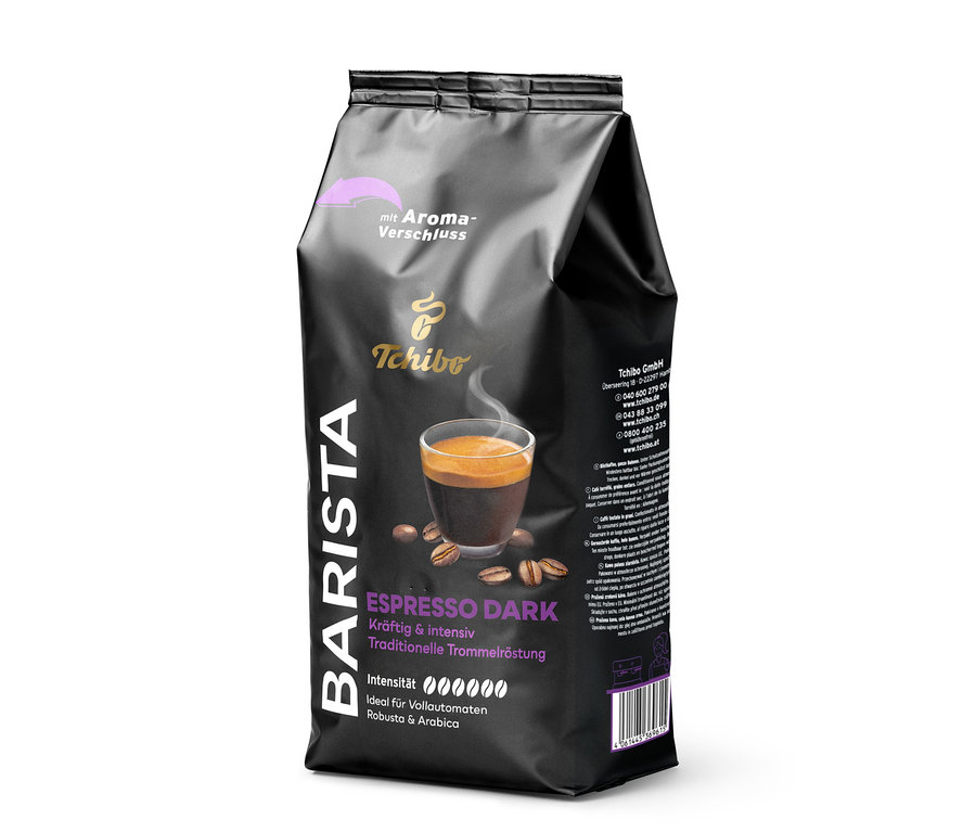 Paquet de café Tchibo Barista Espresso Dark avec une image d'une tasse de café et des grains de café.