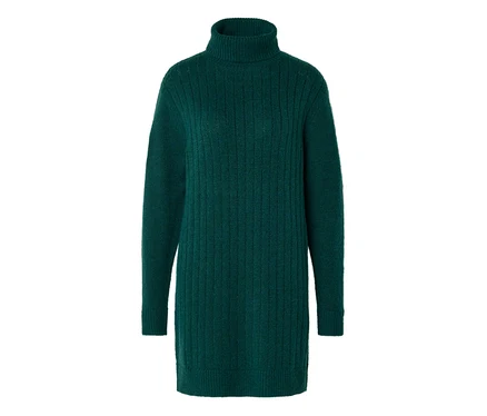 Robe pull vert foncé à col roulé en maille côtelée.