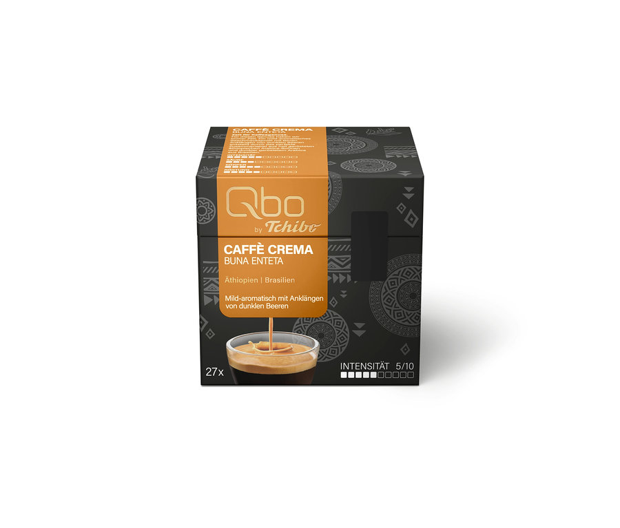 Paquet de capsules de café Qbo by Tchibo Caffè Crema Buna Enteta gris foncé et orange, 27 capsules, intensité 5/10, Éthiopie/Brésil, doux et aromatique avec des notes de baies noires.