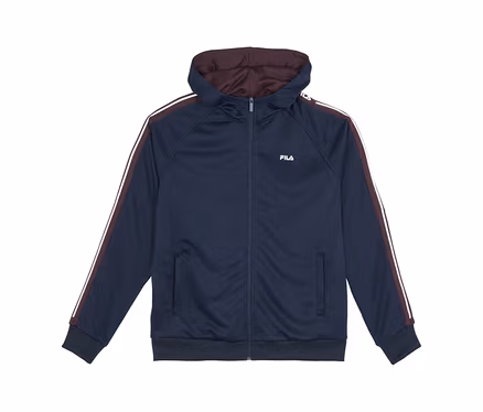 Veste de sport FILA pour homme bleu marine avec capuche doublée bordeaux, rayures blanches et bordeaux sur les manches.