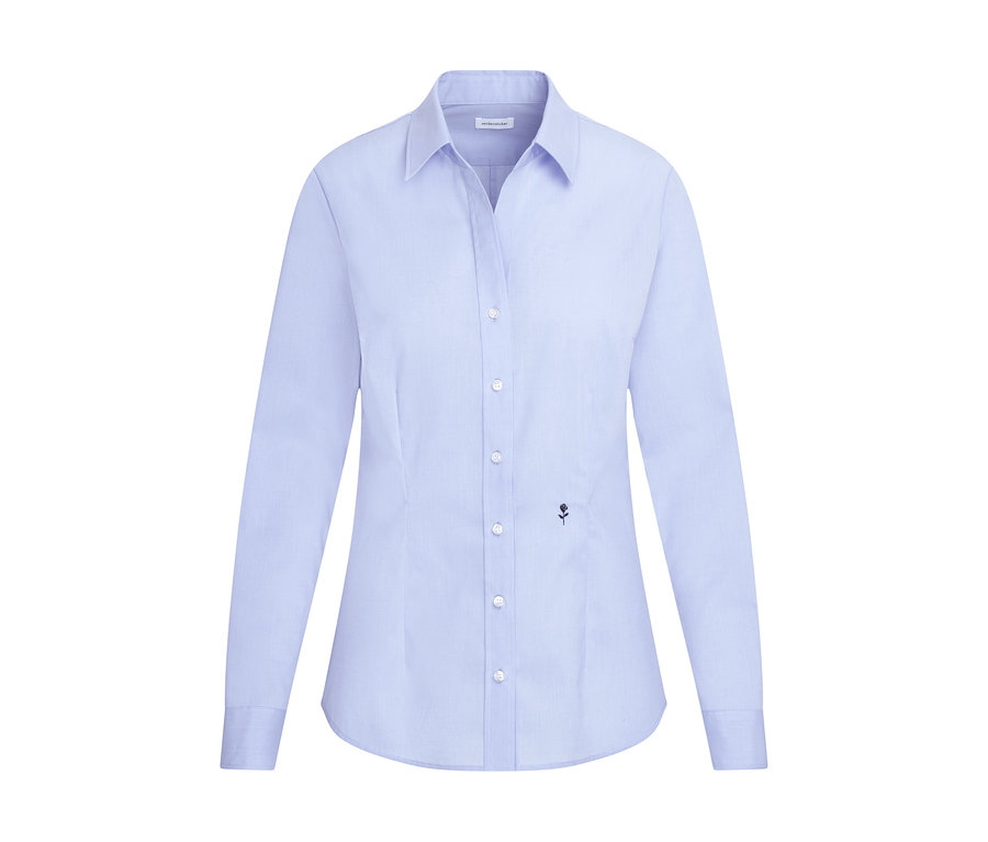 Chemisier Seidensticker Slim Fit bleu clair avec col, boutons blancs et petit logo rose foncé.