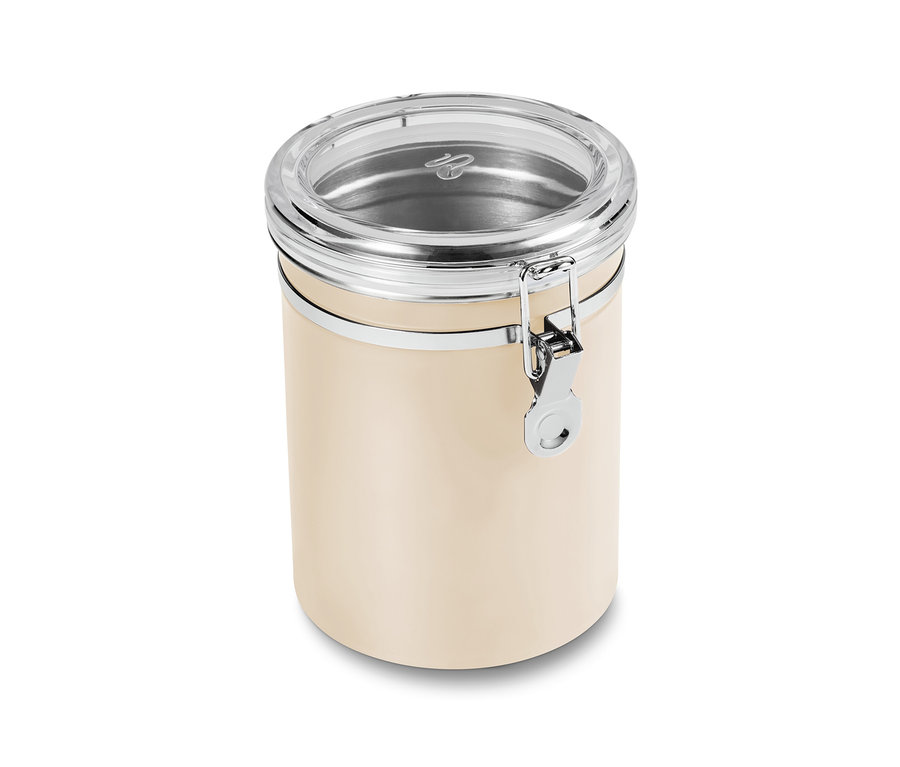 Boîte à arômes beige tendre avec couvercle transparent et fermeture argentée.