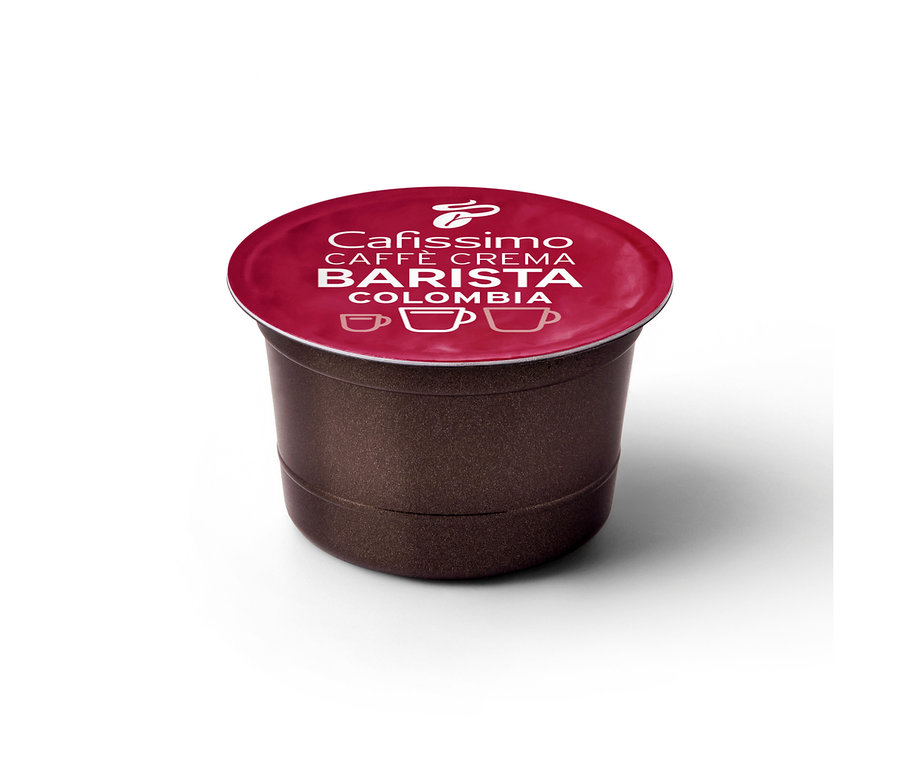 Capsule Caffè Crema Colombia marron foncé avec un couvercle rouge et l'inscription blanche « Cafissimo CAFFÈ CREMA BARISTA COLOMBIA ».