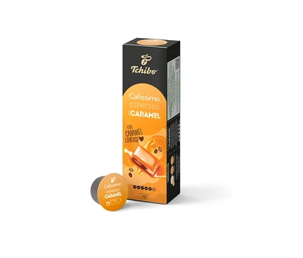 Un paquet et une capsule de Cafissimo Flavoured Edition – Espresso Caramel de dix capsules.