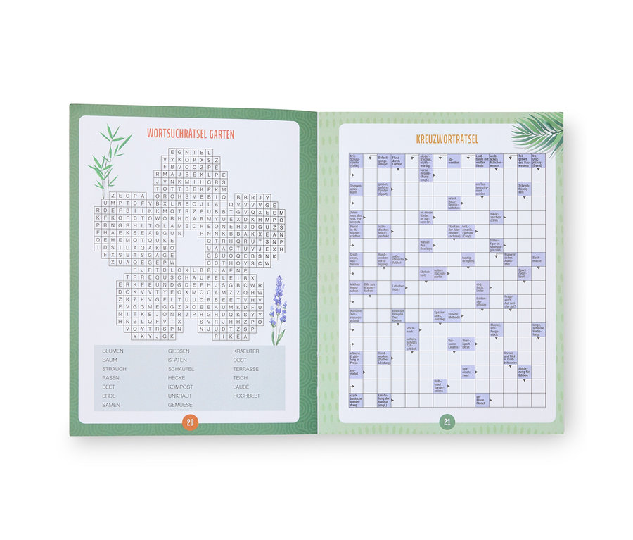 Double page d'un livre sur le thème du jardin : mots croisés et mots cachés.