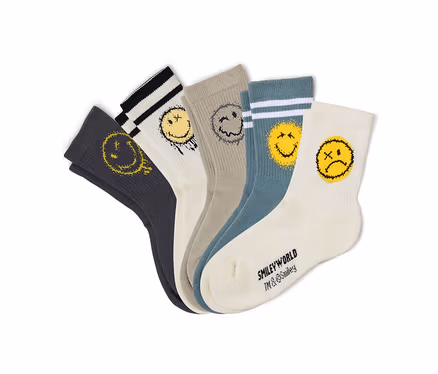 Cinq paires de chaussettes de tennis pour enfant SMILEYWORLD® en blanc, gris et pétrole, étalées en éventail. Chaque chaussette présente un motif de smiley jaune ou gris vieilli différent, certaines avec des bords-côtes rayés.