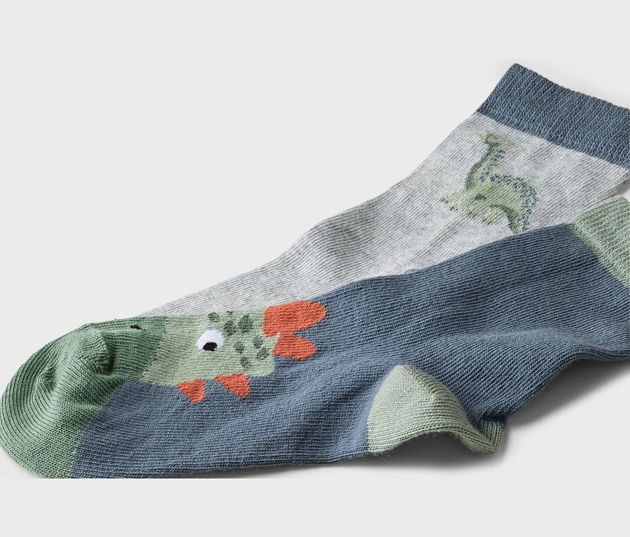 Gros plan de deux chaussettes. Une chaussette grise avec un dinosaure vert et une chaussette bleue avec un crocodile vert.
