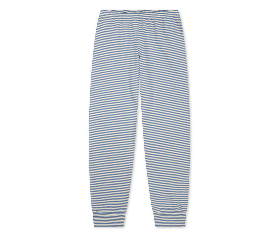 Bas de pyjama enfant SCHIESSER rayé bleu et blanc, avec taille élastique et chevilles resserrées.
