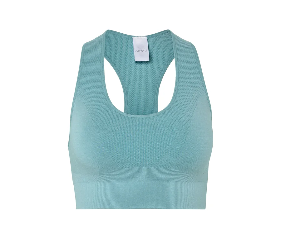 Gros plan d'une brassière de sport turquoise avec dos nageur.