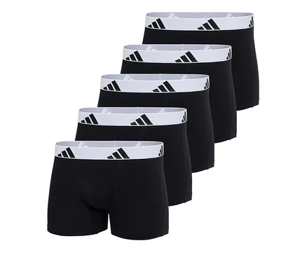 Cinq boxers noirs adidas Active Flex en coton avec des ceintures blanches et des logos adidas noirs, disposés en diagonale.