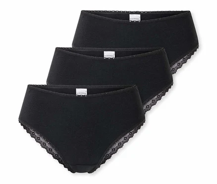 Trois slips brésiliens SCHIESSER noirs avec de la dentelle superposés.