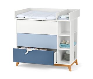 Commode et support blancs<br>Tiroir 1x blanc, 2x bleu<br>Piètement en chêne naturel