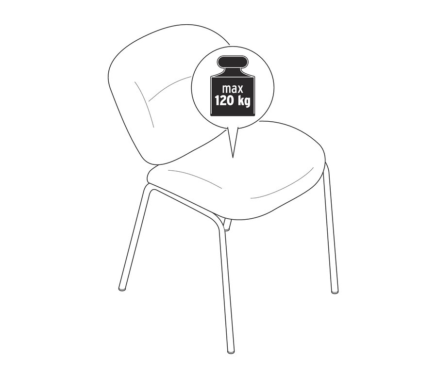 Un croquis d'une chaise design rembourrée avec un poids maximal de 120 kg.