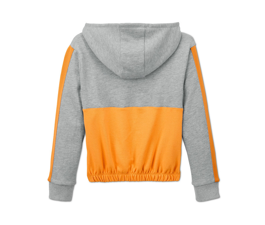 Vue détaillée de l'arrière d'un sweat-shirt court à capuche gris-jaune chiné.