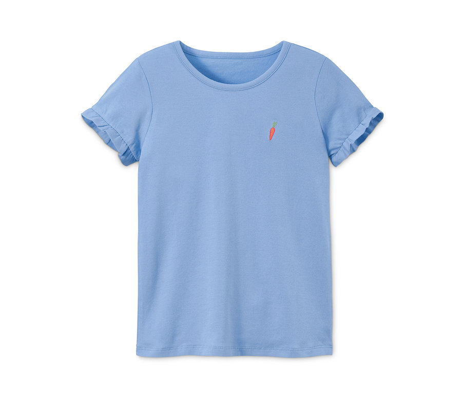 T-shirt bleu avec manches à volants et motif carotte. 2 t-shirts