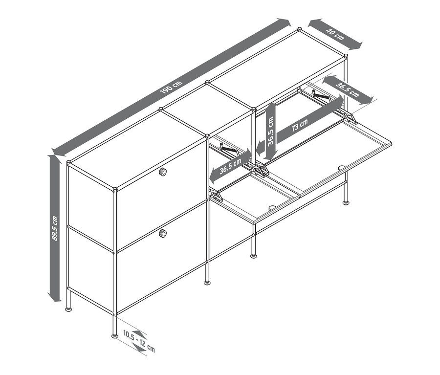 Schéma d'un grand buffet en métal « CN3 » à 6 abattants. Les dimensions sont indiquées en centimètres.