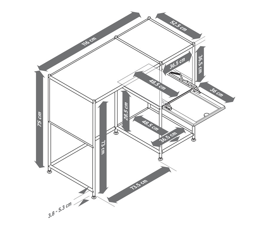 Dimensions du bureau en métal « CN3 » avec porte abattante.