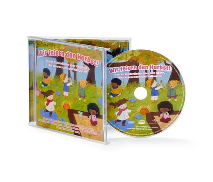 Pochette de CD « Wir feiern den Herbst ! » avec des personnages de dessins animés d'enfants dans un paysage d'automne.