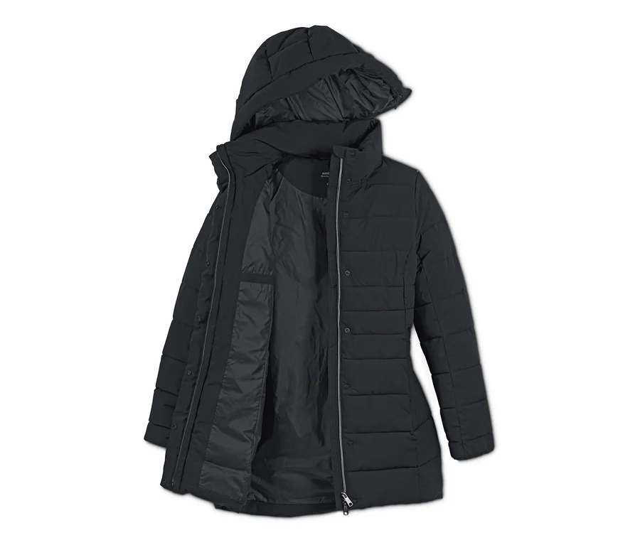 Manteau matelassé noir à capuche, ouvert et posé sur un fond blanc.
