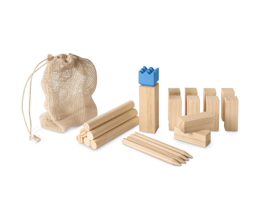 Jeu mini-Kubb ensemble de blocs de bois, de bâtons et d'une couronne bleue avec un sac de transport beige.