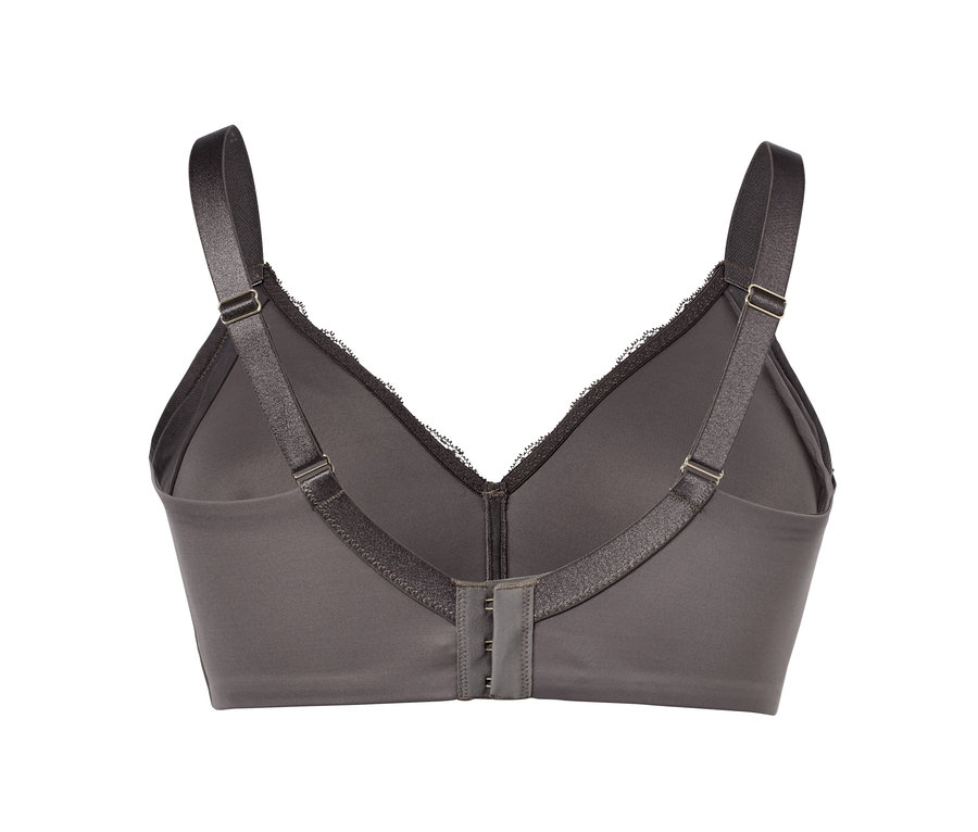 Vue détaillée de l'arrière d'un soutien-gorge doux gris.
