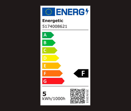 Étiquette énergétique avec classes d'efficacité énergétique de A à G, le produit étant classé en classe F.