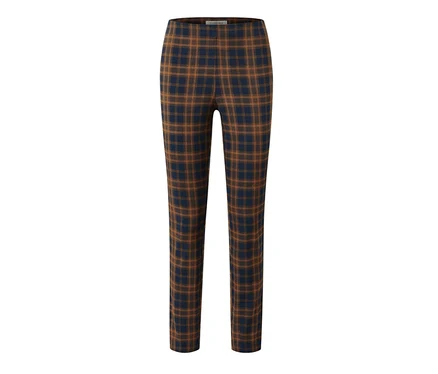 Un pantalon stretch à carreaux sur fond blanc.