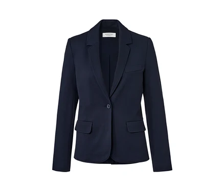 Blazer en jersey bleu marine avec col à revers, fermeture à un bouton et deux poches à rabat.