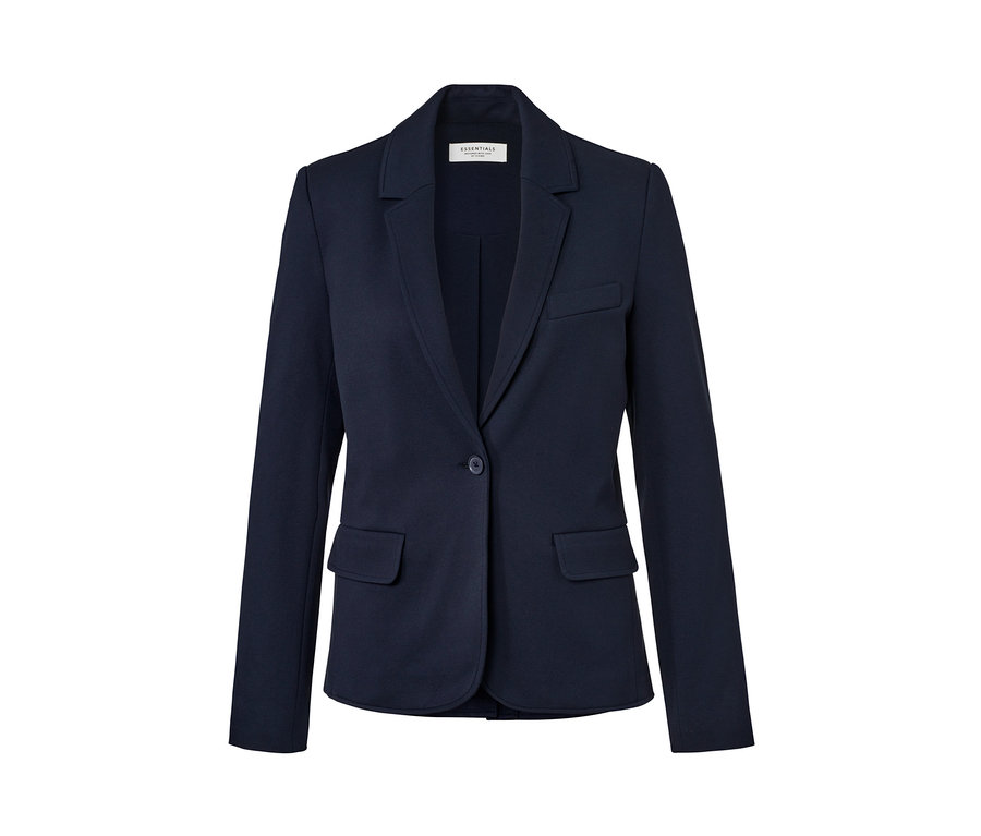Blazer en jersey bleu marine avec col à revers, fermeture à un bouton et deux poches à rabat.