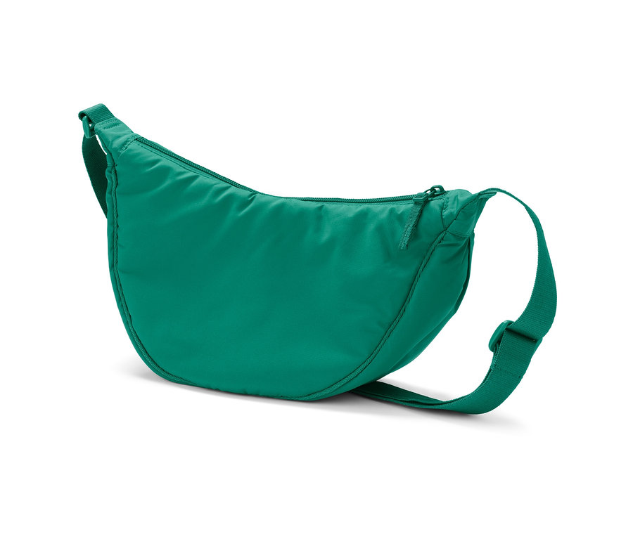 Un sac à bandoulière vert sur un fond blanc.