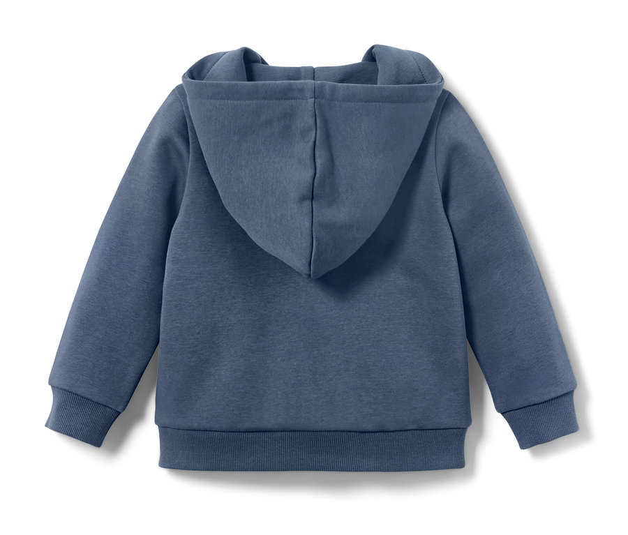 Sweat-shirt bleu pour enfant avec capuche et imprimé fusée au dos.