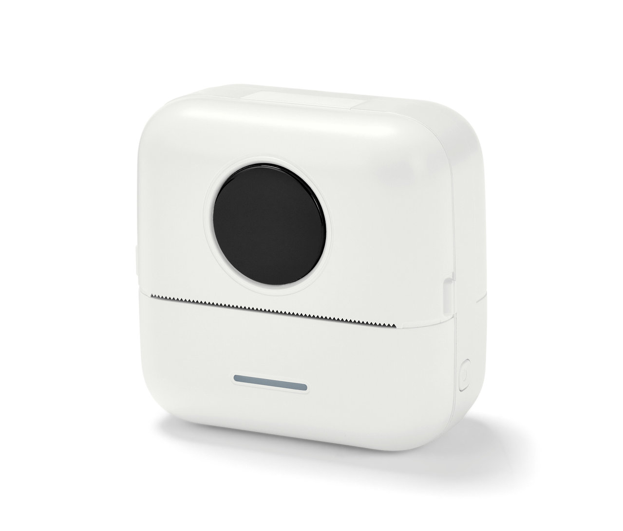 Une mini-imprimante thermique portative blanche sur fond blanc.