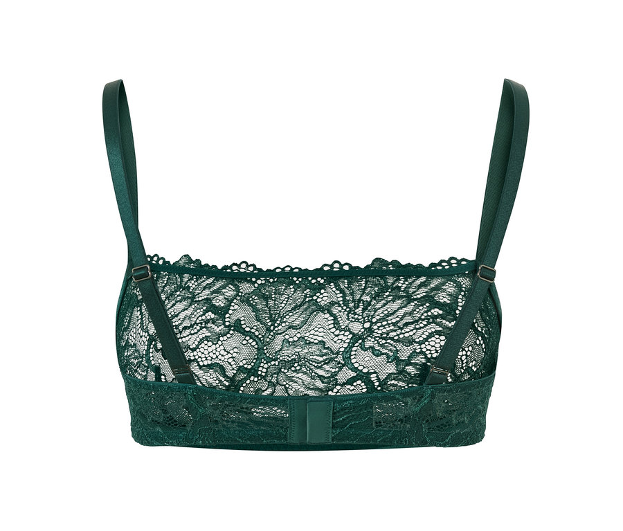 Zoom sur un soutien-gorge en dentelle vert.