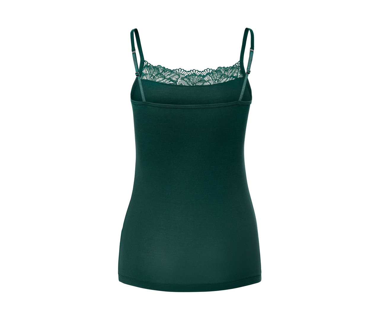 Vue arrière d'un caraco vert avec de la dentelle.