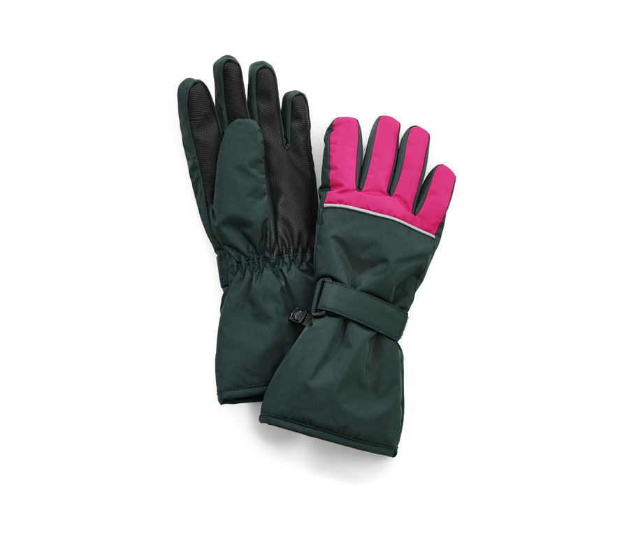 Gants d’hiver de ski pour enfant, rose, posés sur un fond blanc.