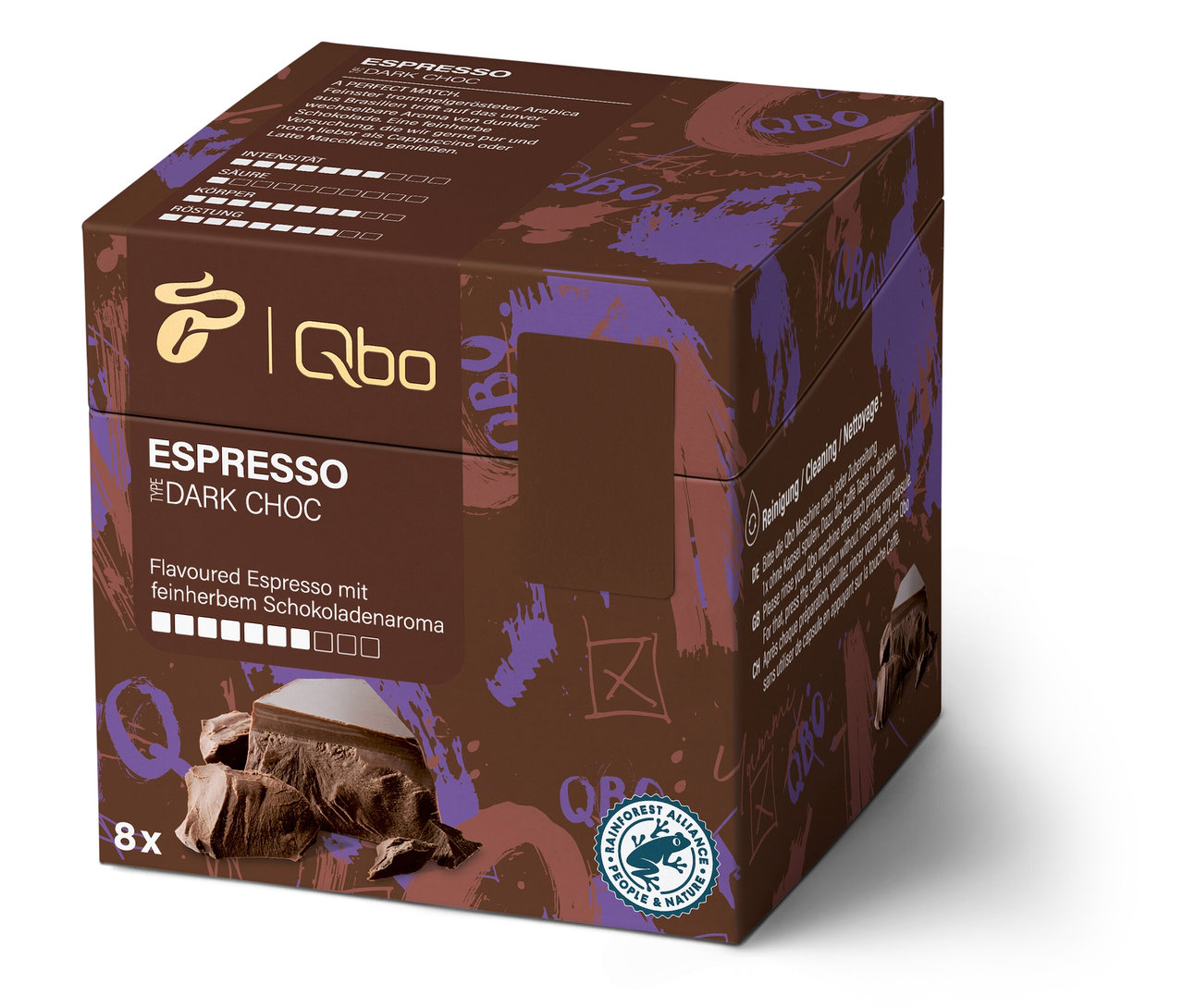 Un paquet de Qbo Flavoured Espresso Dark Choc – 8 capsules.